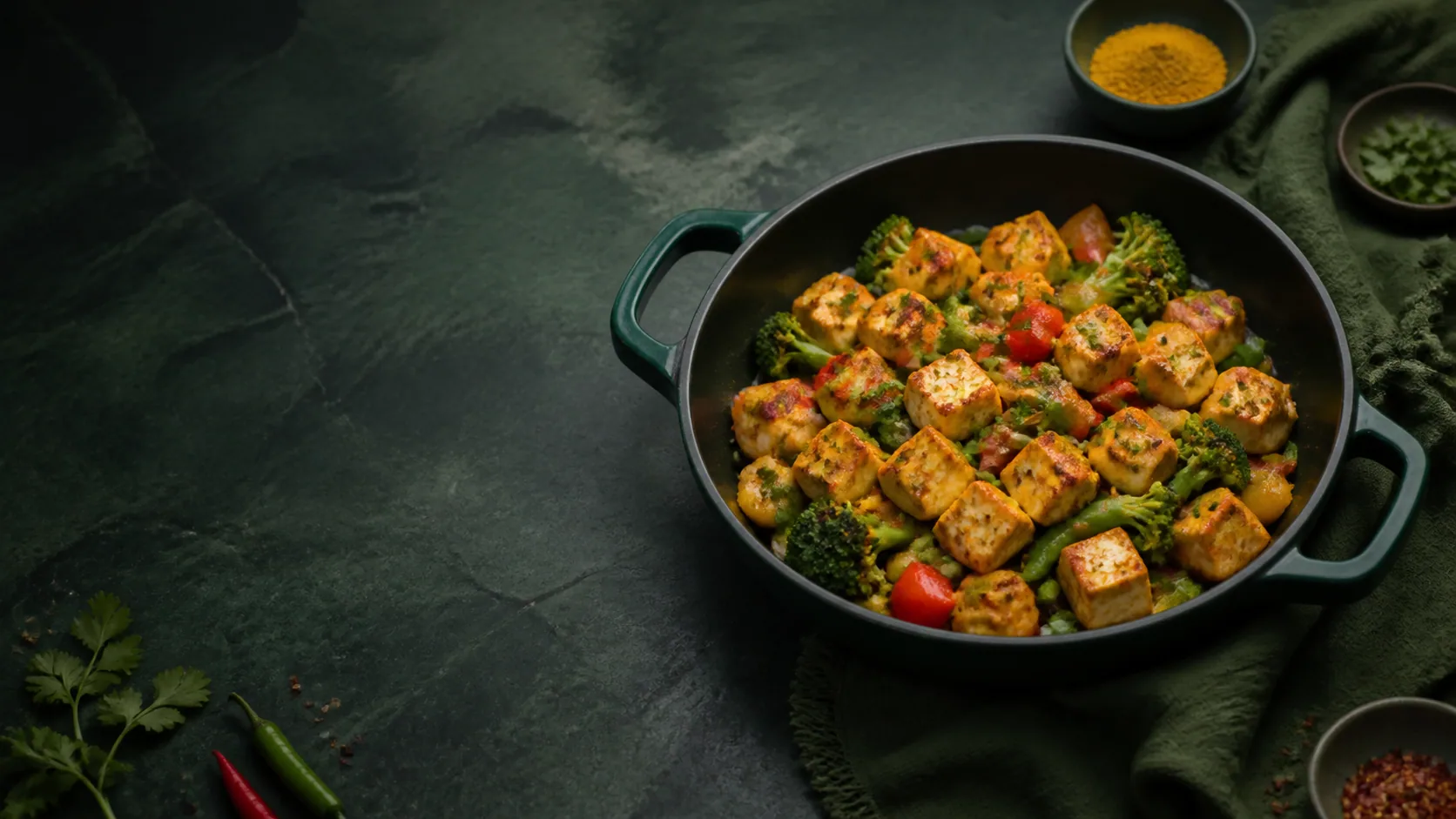 Golden tofu and vegetables in a forest-green pan