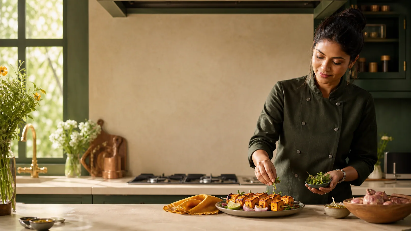 An Indian chef plating tofu tikka in a contemporary kitchen