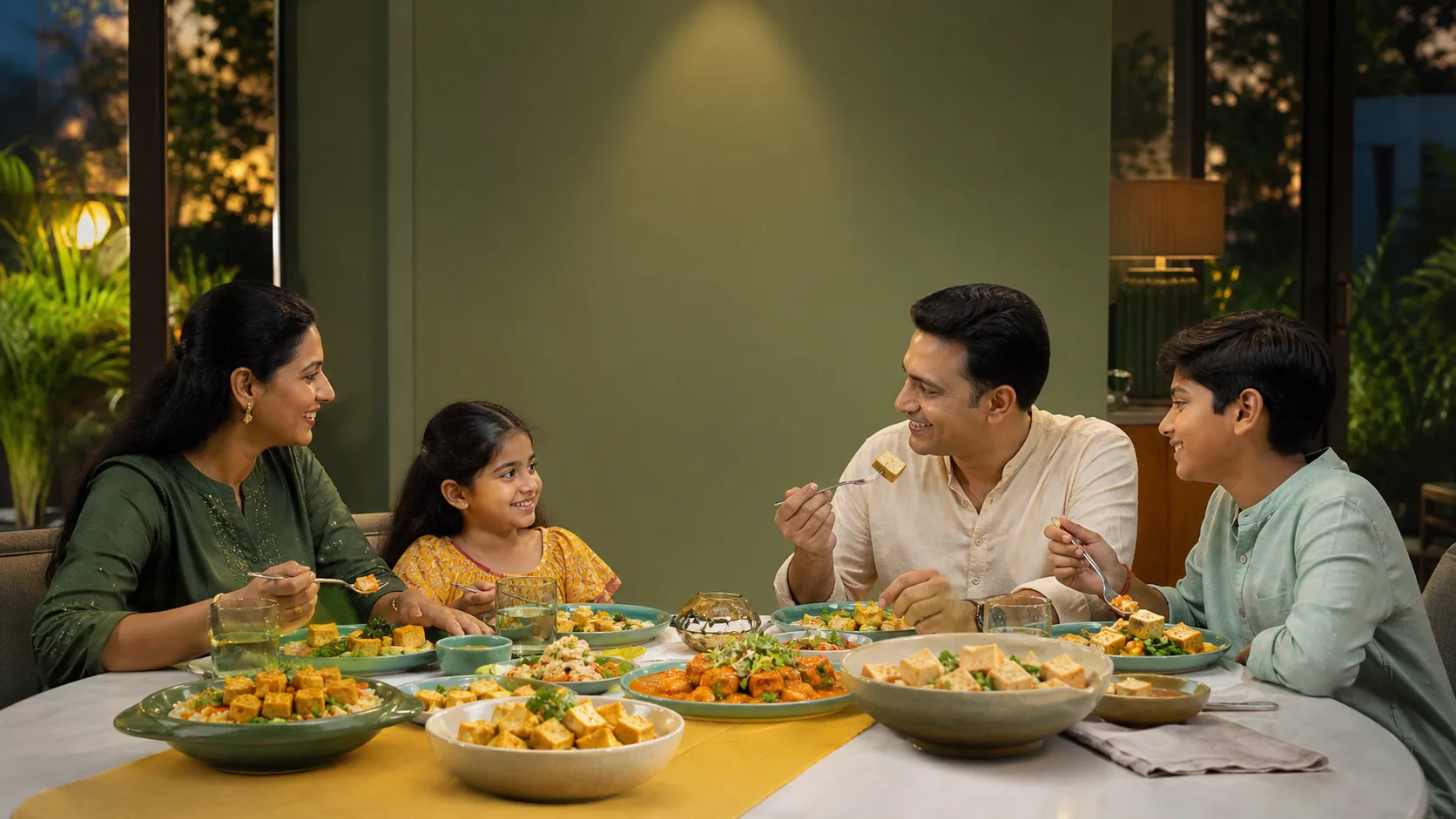 An Indian family sharing a colourful tofu dinner