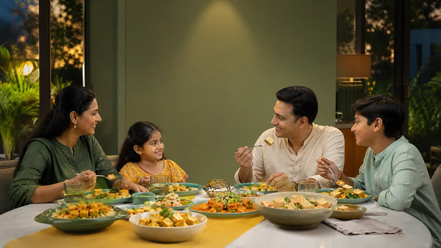 An Indian family sharing several colourful tofu dishes