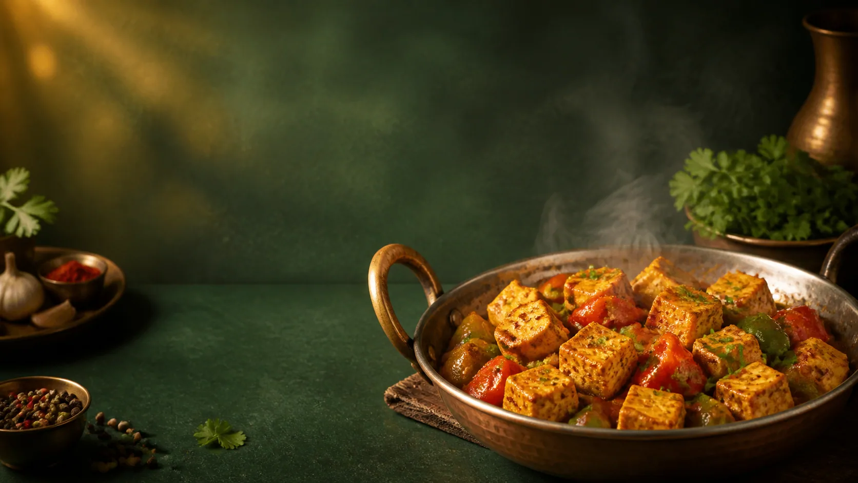 Masala tofu and peppers in a warm copper kadai
