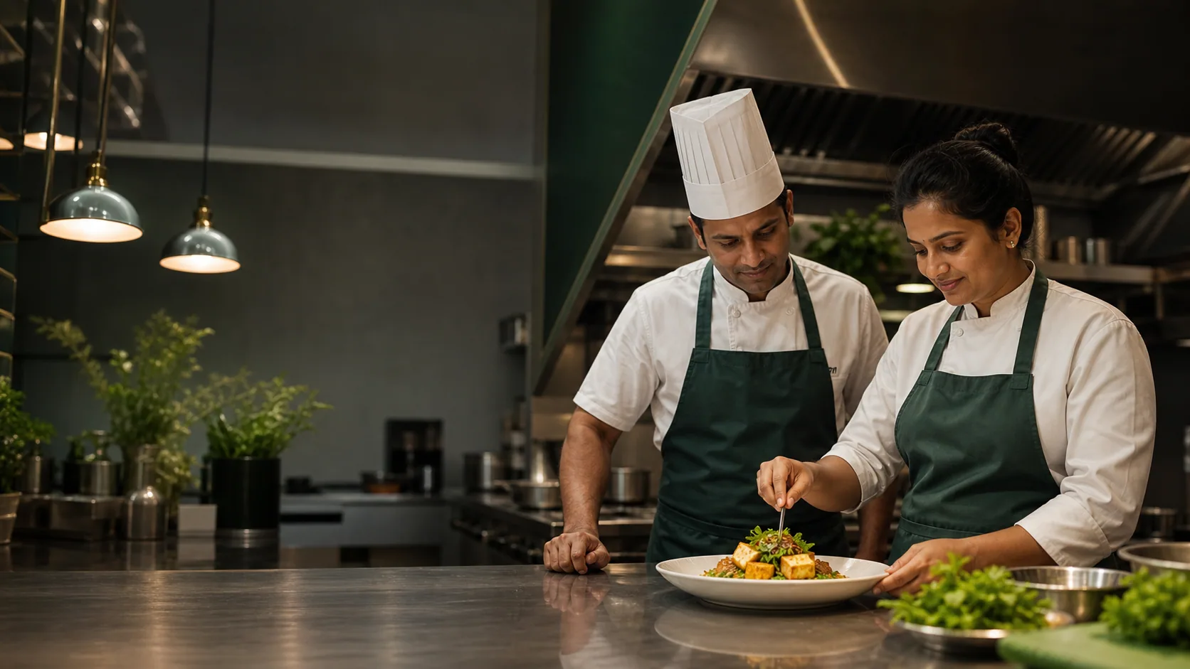 Two restaurant chefs completing a tofu plate