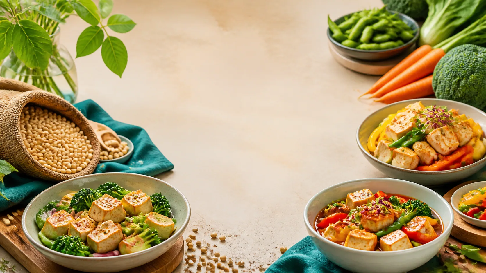 Soybeans, vegetables and colourful tofu bowls