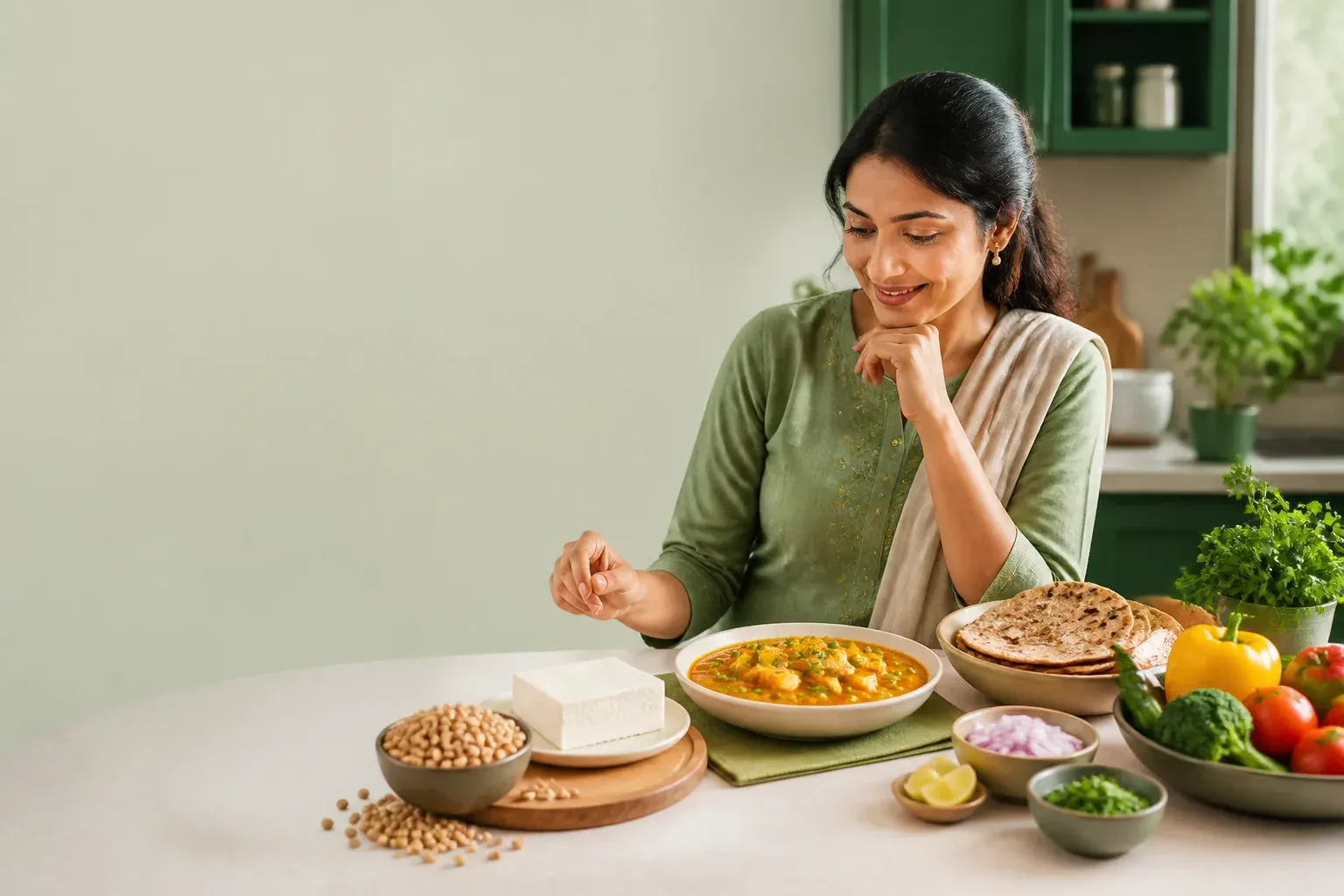 An Indian home cook with tofu, soybeans, vegetables and a finished curry