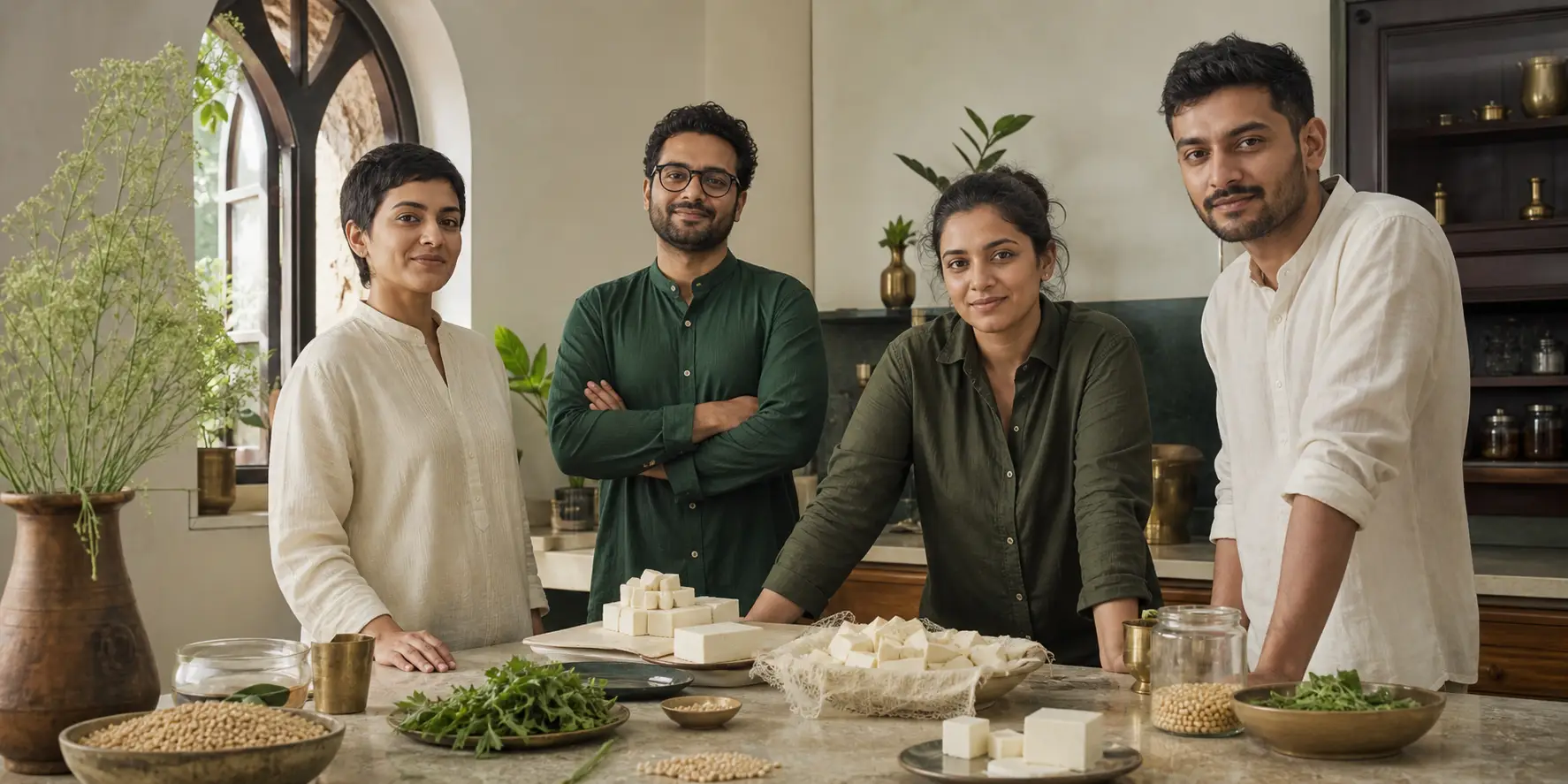 A natural-food team gathered around a tofu ingredient table