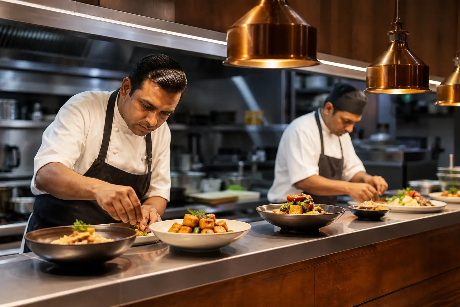 Professional chefs finishing tofu dishes for restaurant service