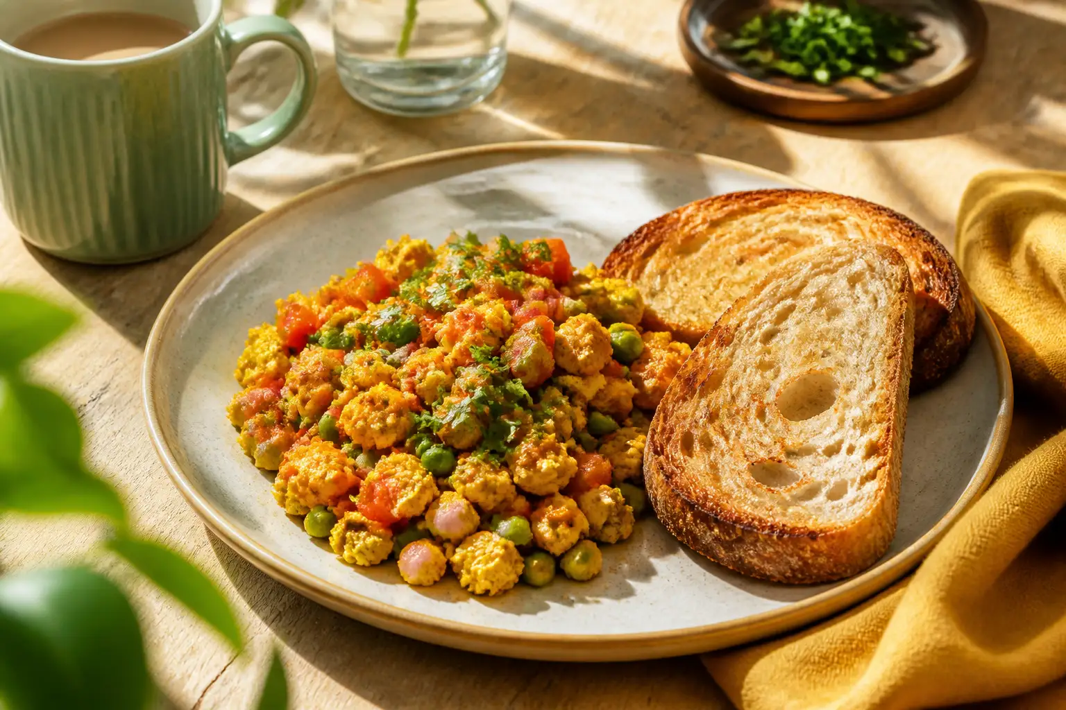 Everyday tofu bhurji with toast and fresh garnish