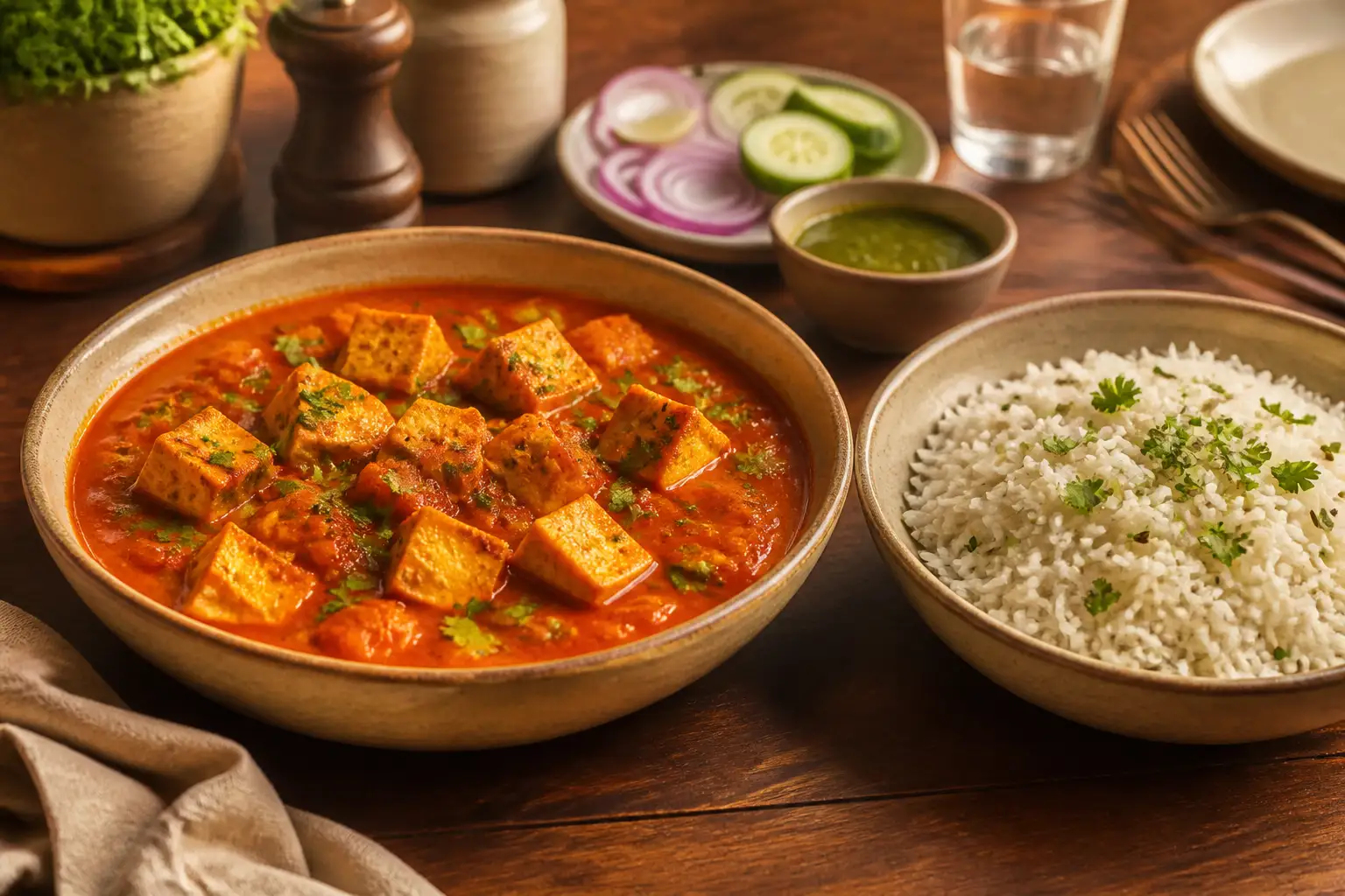 Comforting Indian tofu curry served with herbs