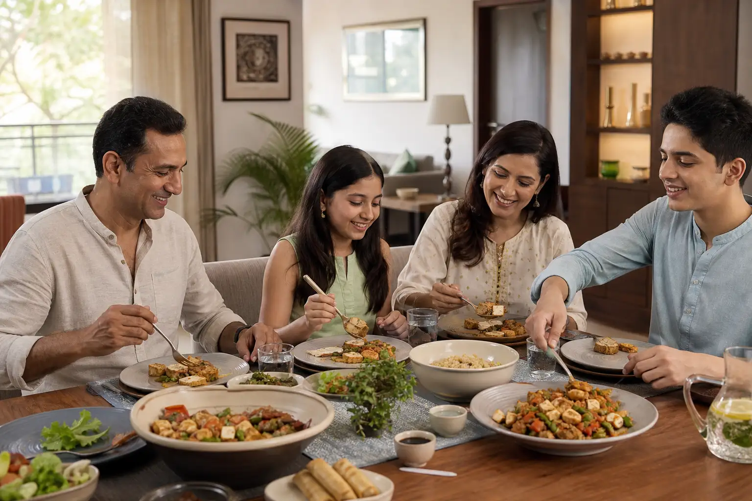 An Indian family sharing a tofu meal together
