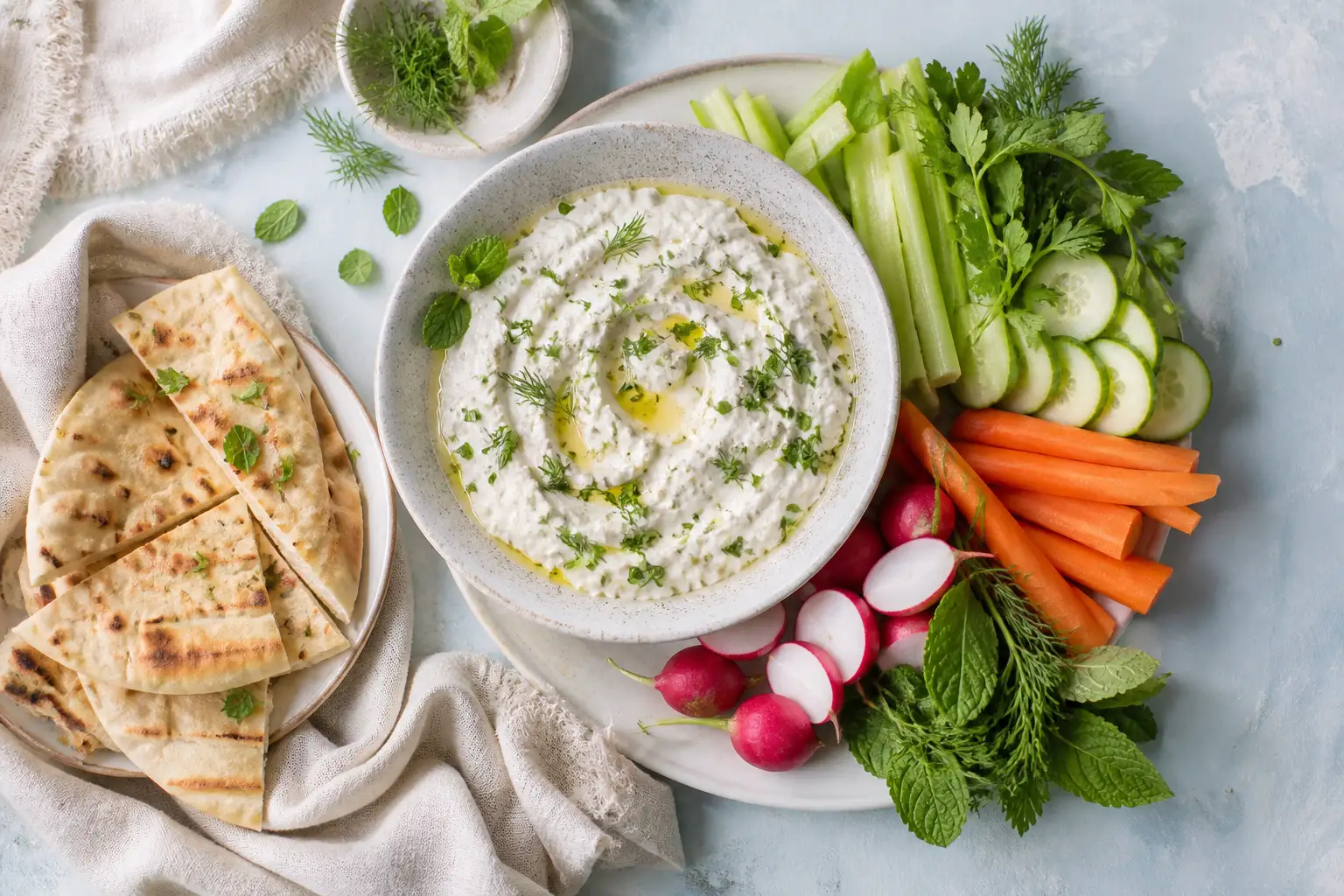 Smooth tofu and herb dip with fresh vegetables