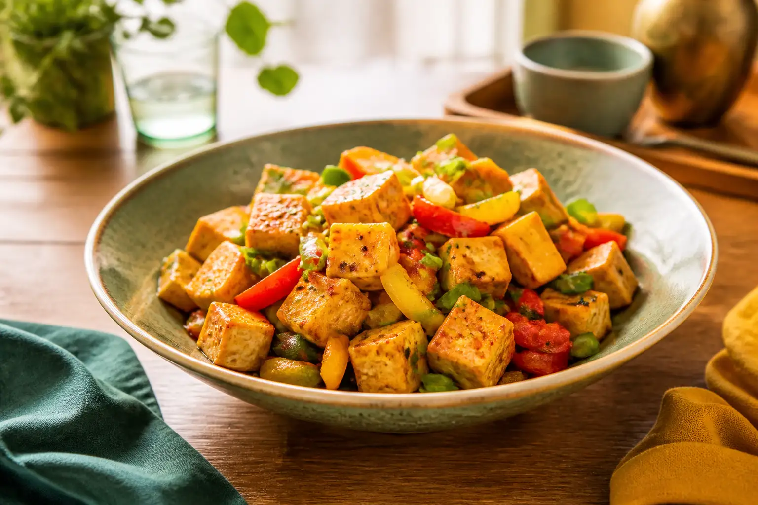 Colourful tofu and vegetable stir-fry in a handmade bowl