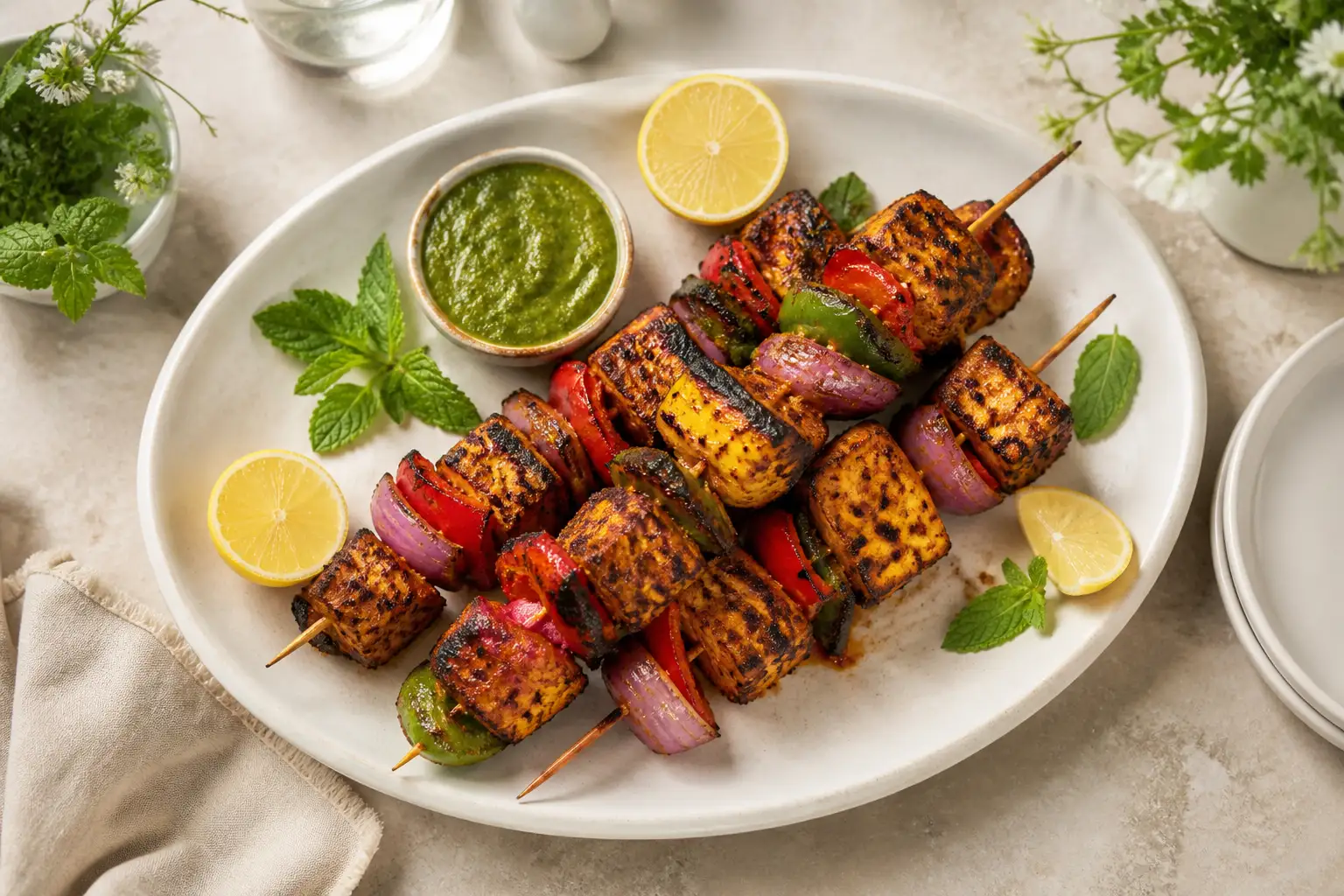 Grilled tofu tikka skewers with bright vegetables