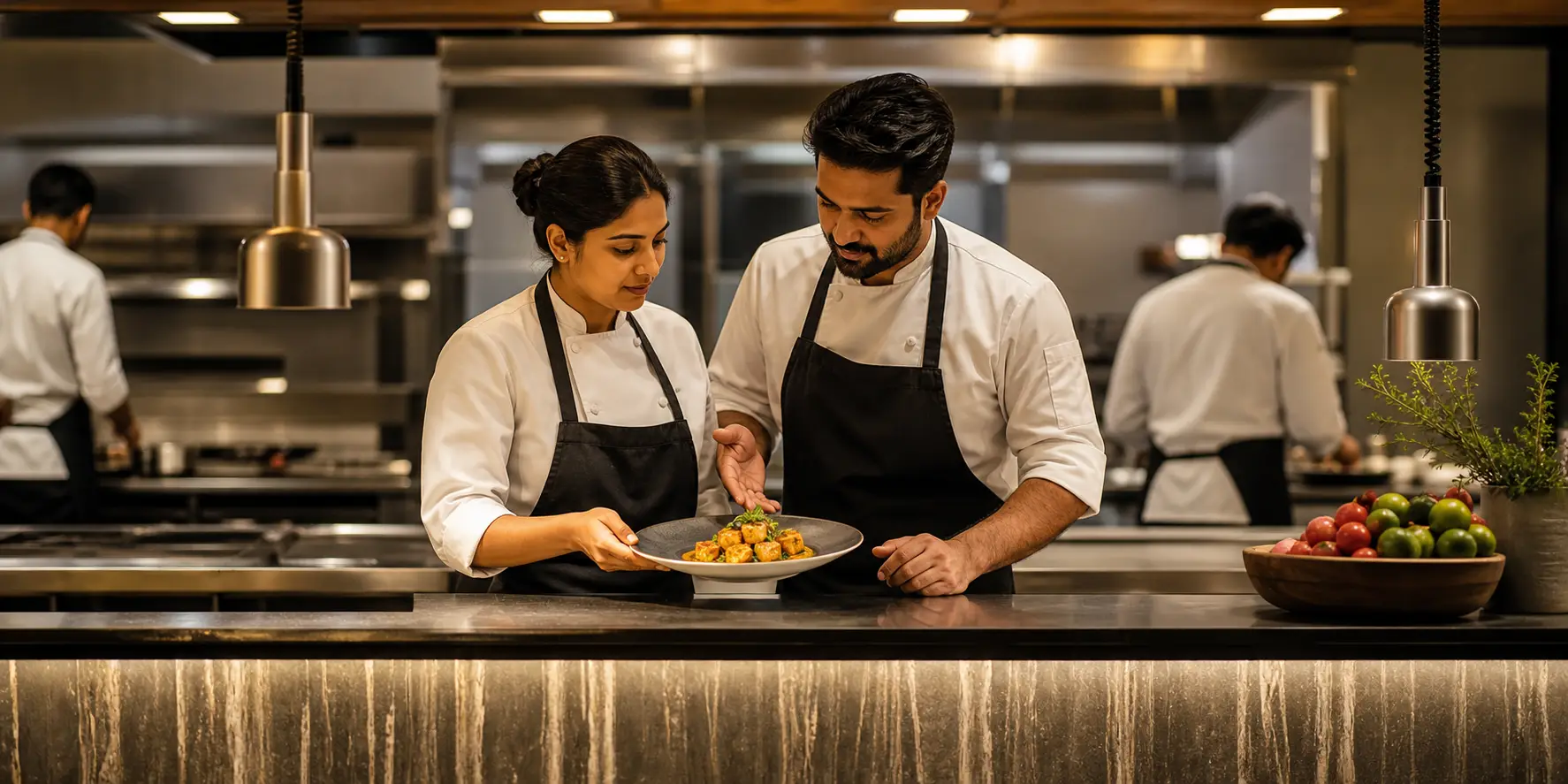 A chef team discussing a tofu plate in a professional kitchen