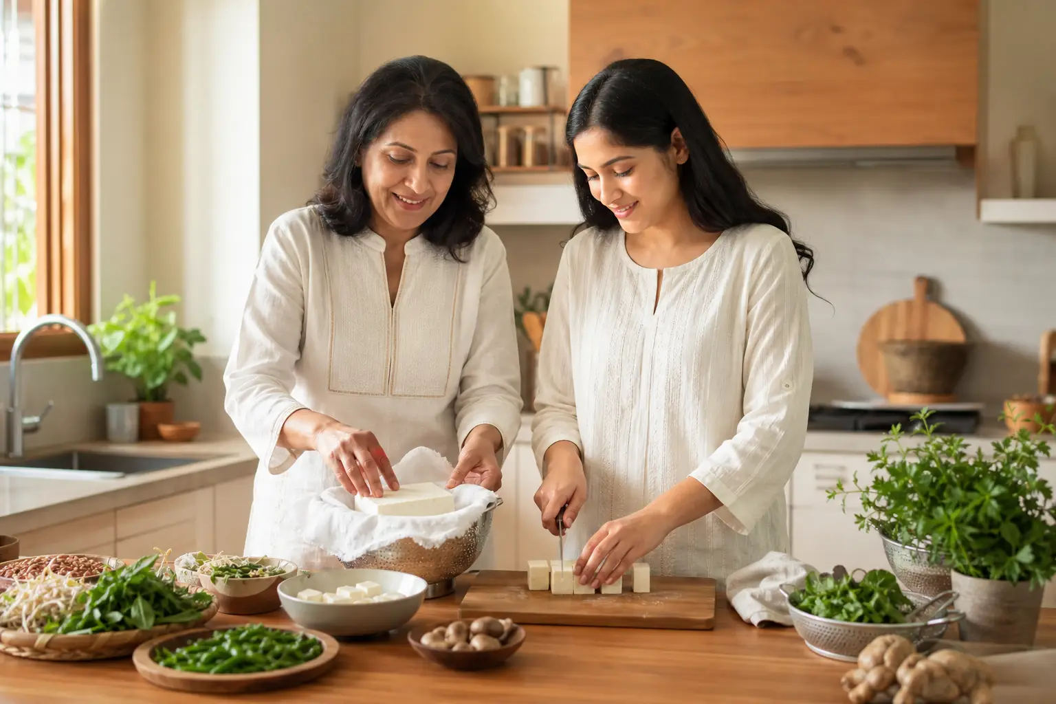 Two generations cooking a fresh tofu dish together