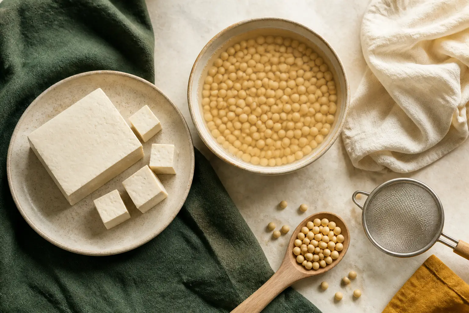 Tofu, soybeans, water and simple kitchen tools arranged in warm light
