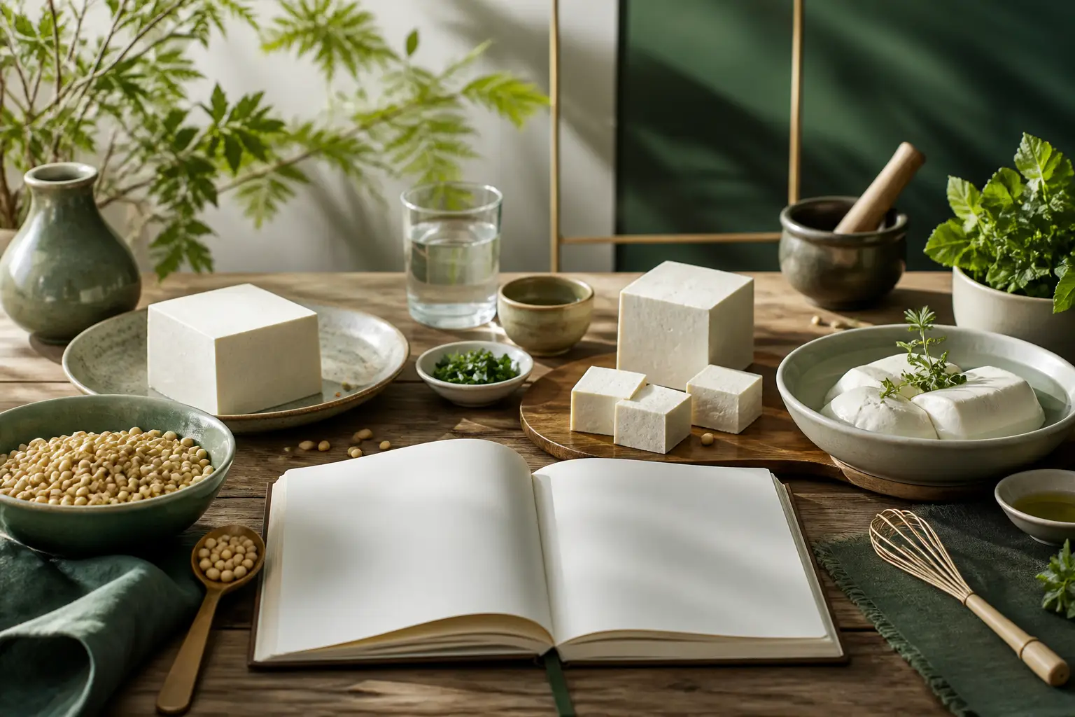Tofu arranged with ingredients and an open learning notebook