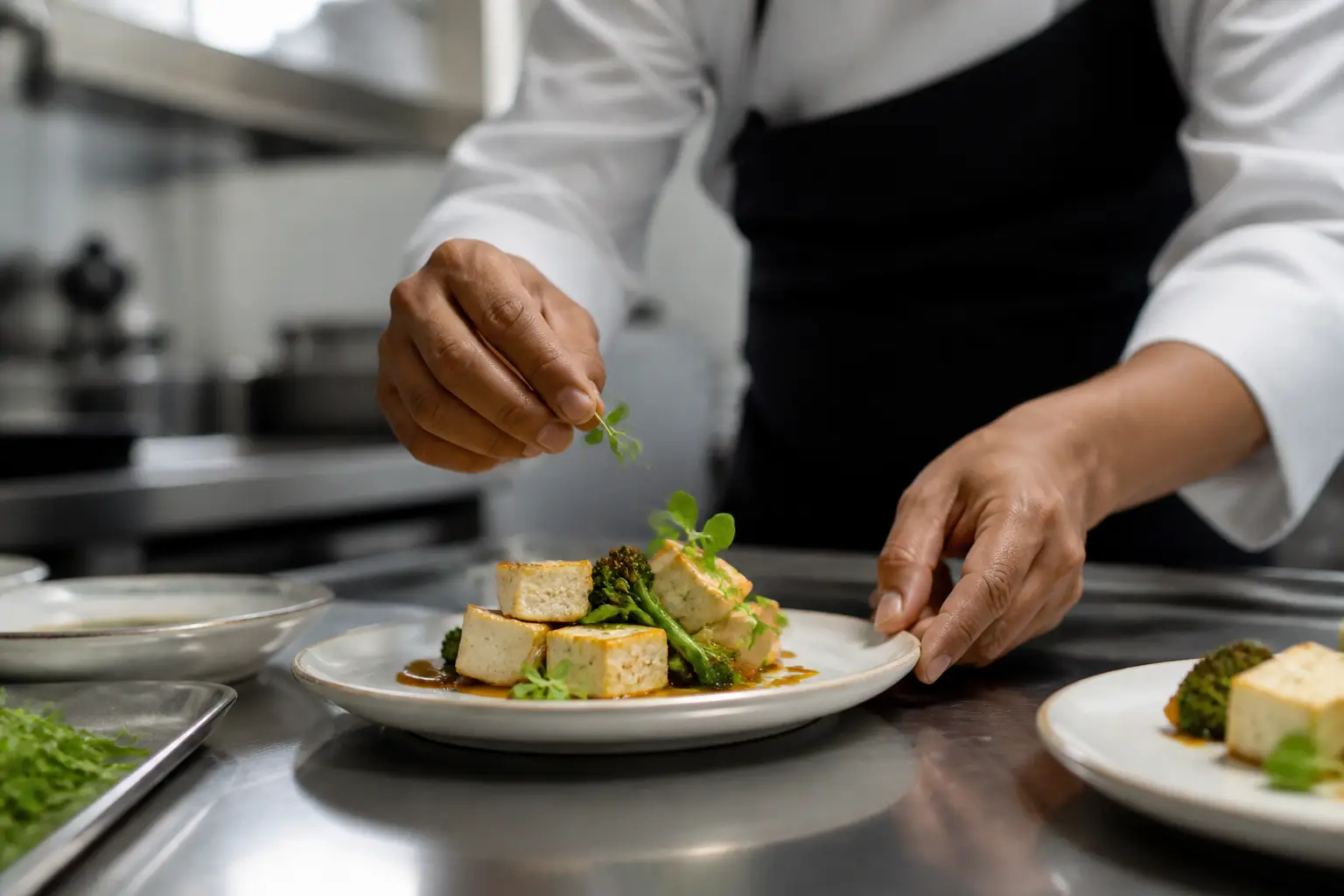Professional kitchen team preparing food in a commercial environment