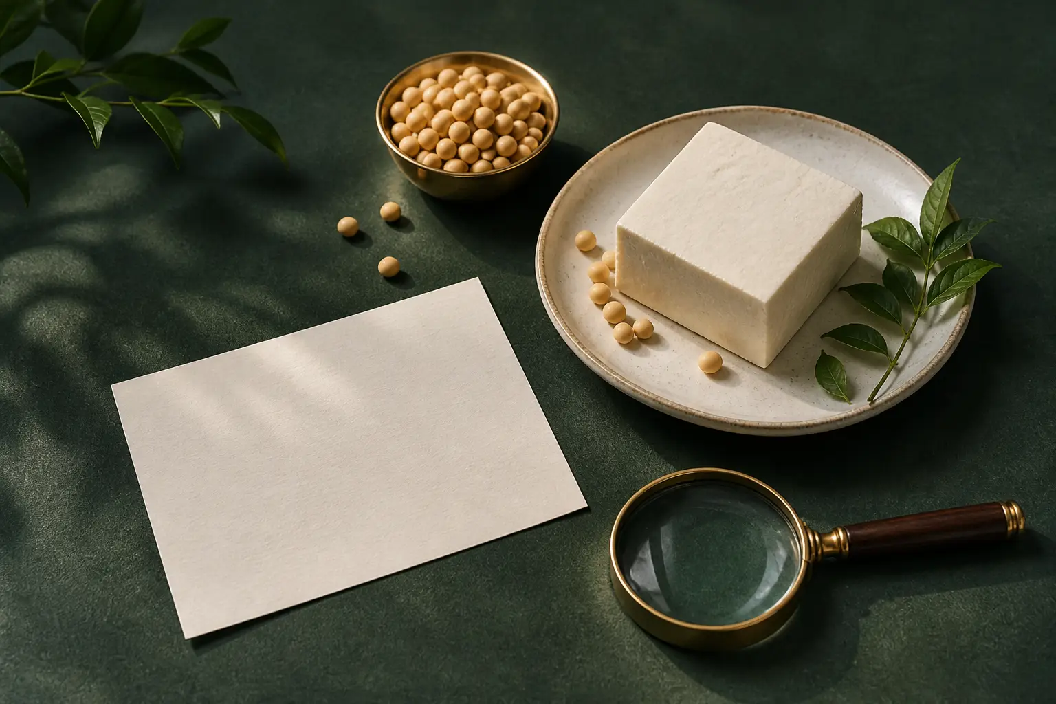 Tofu, soybeans and a magnifying glass arranged as a calm information still life