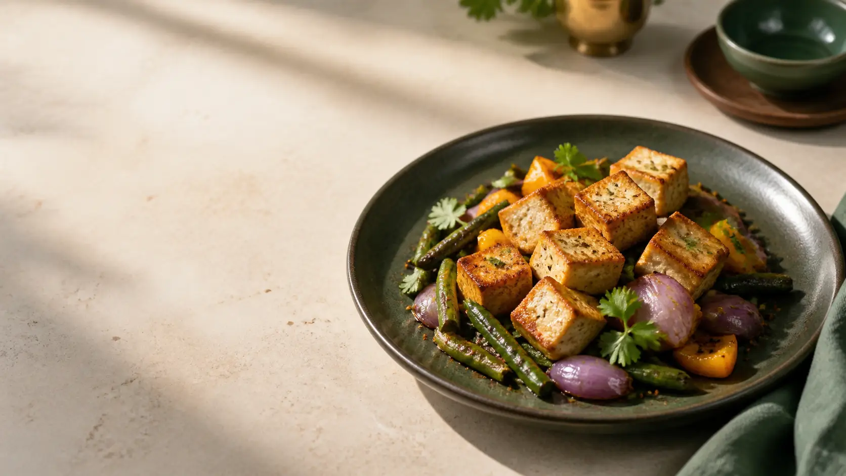 A premium tofu dish presented with fresh ingredients