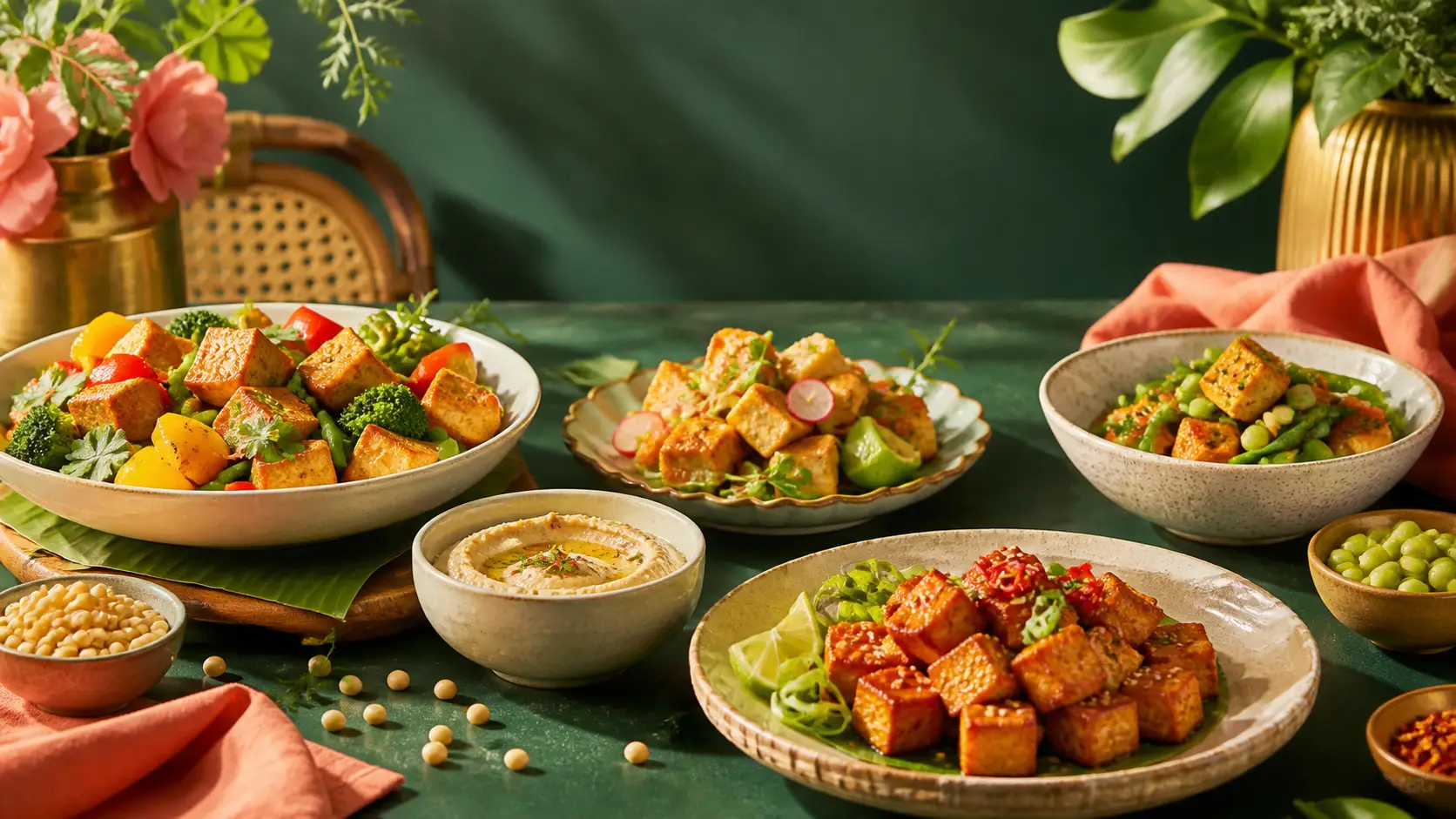 A premium spread of colourful tofu dishes for a restaurant table