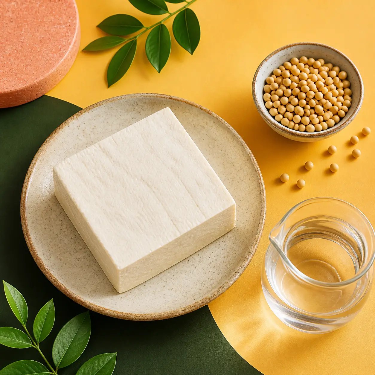 Soybeans, water and tofu arranged in warm natural light