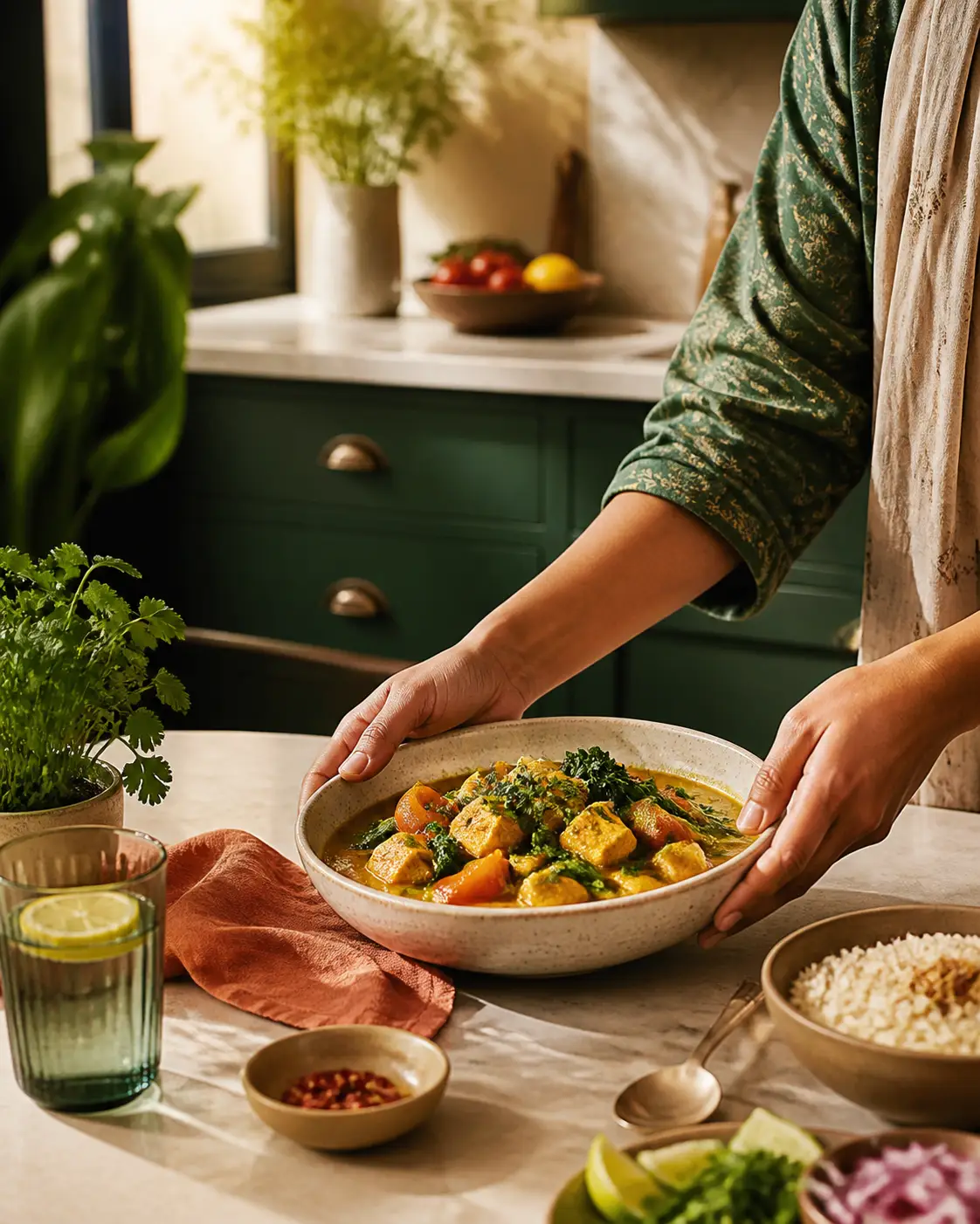 A home cook serving a colourful tofu dish