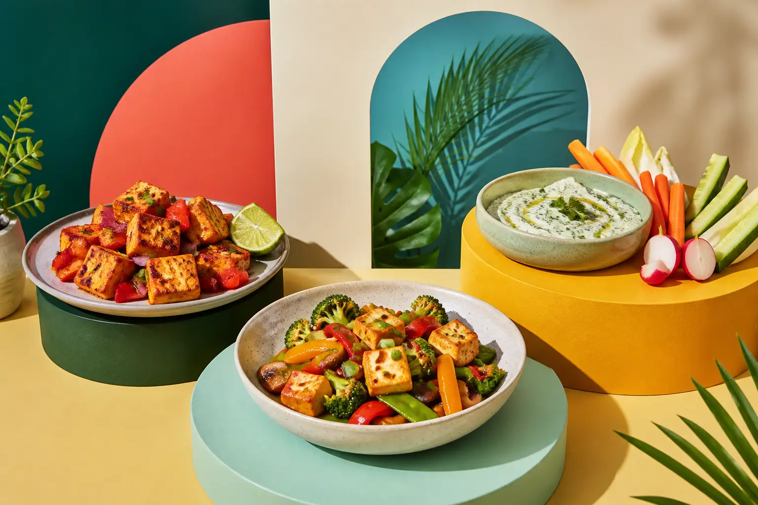 Three colourful tofu dishes on a modern studio set