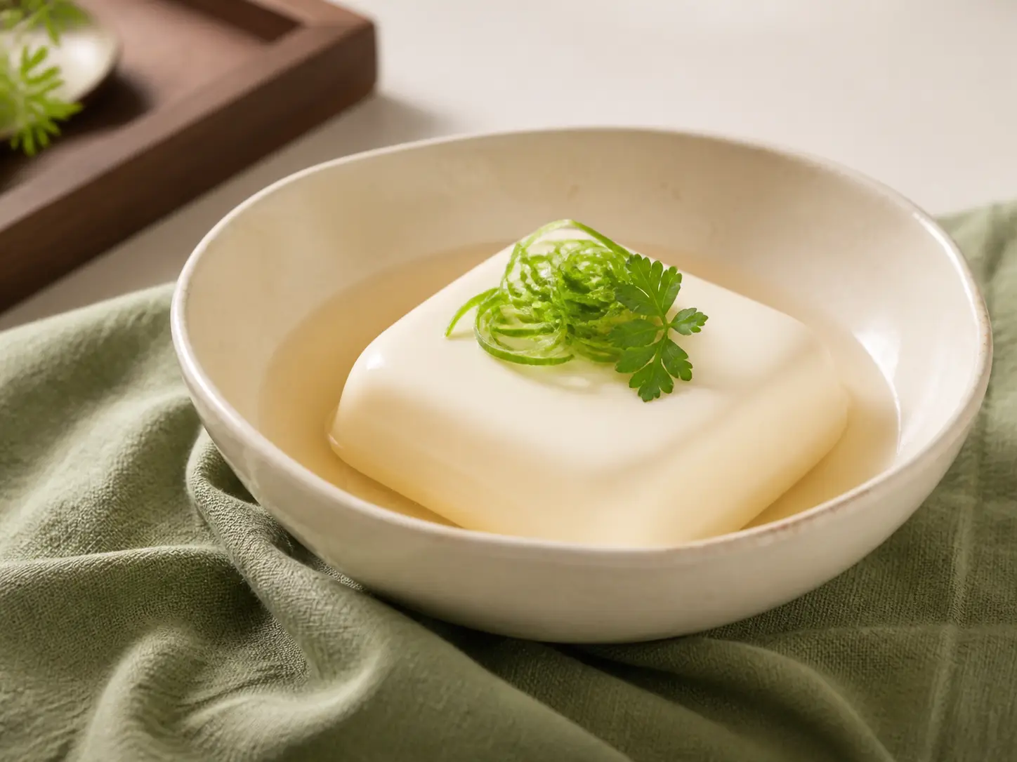 Fresh tofu presented in a calm natural setting