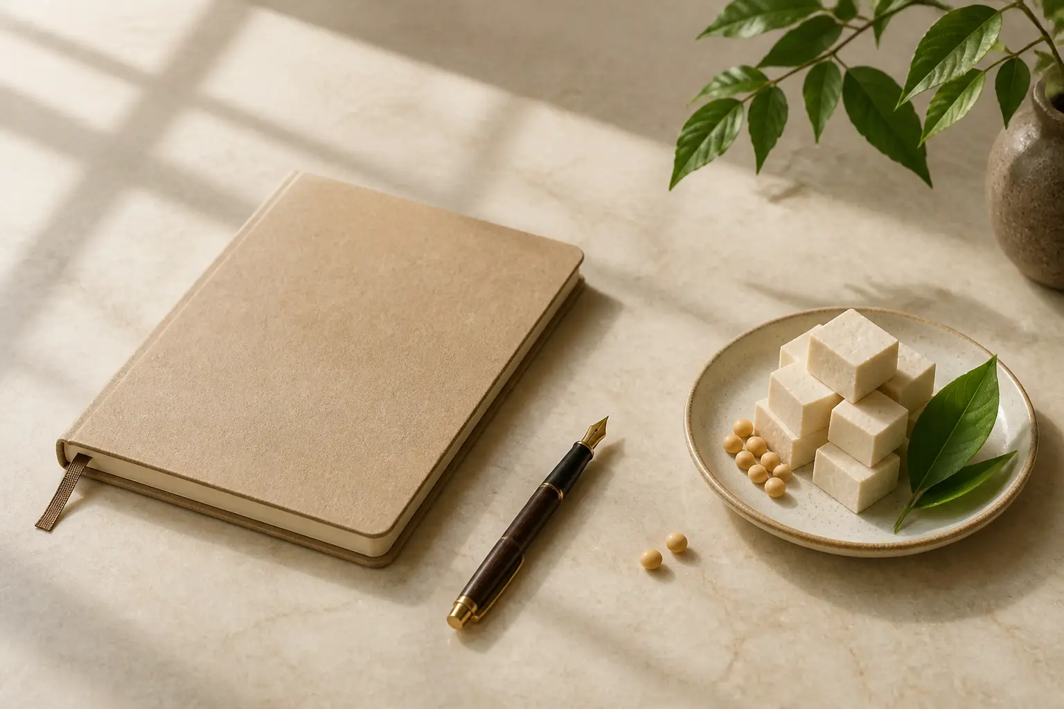 A notebook, pen and tofu arranged in a calm natural-food still life